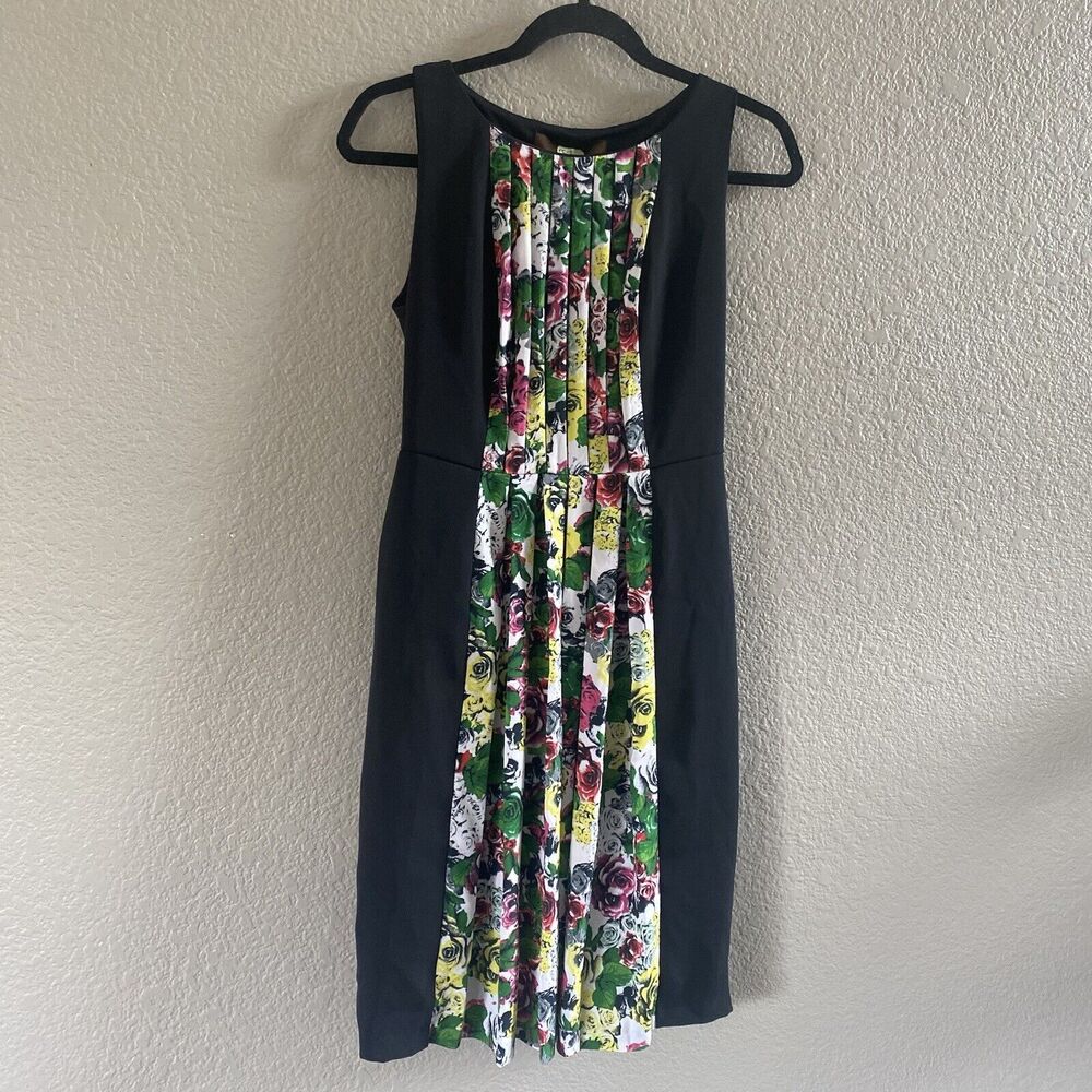 Anthropologie Eva Franco Dress Womens 2 Black Floral PLeated Sheath Career